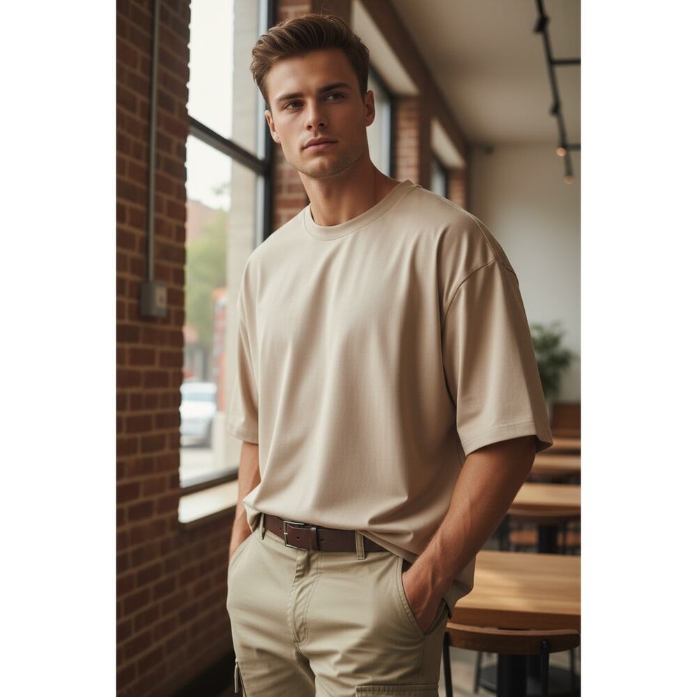 MANFINITY Oversized Beige T-Shirt | Boxy Minimalist Neutral Tee | Size L